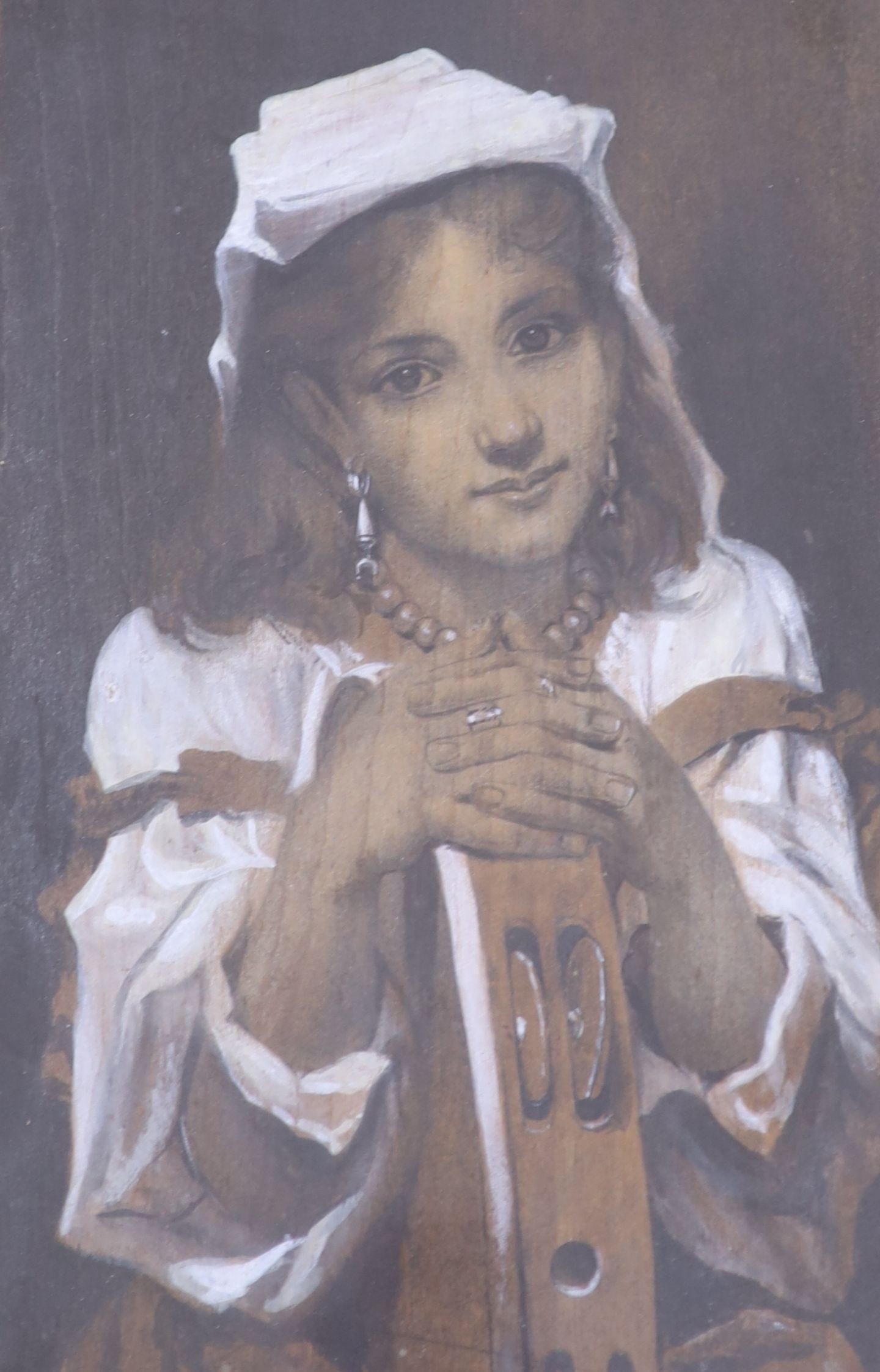 Pierre Louis Joseph de Coninck (1828-1910), pencil and watercolour on a wooden panel, Tambourine Girl, inscribed verso, 8 x 17cm.